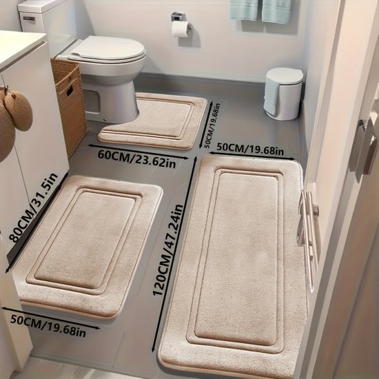 Set van 3 ultra-absorberende badmatten | Antislip polyester badmatten voor bad en douche - comfortabel en zacht - decoratieve vloermatten van Aijing - Beige