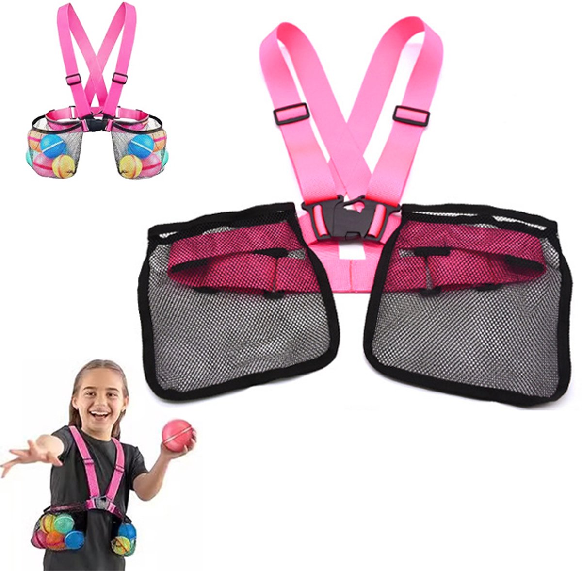 Speelgoedopbergtas - Opbergtas voor waterballonnen voor kinderen - Opbergtas voor waterballonnen - Nettas - Nettas voor buiten - Speelgoedopbergtas voor bij het zwembad - Verstelbaar - Geschikt voor strand, zwembad en feestjes - Roze