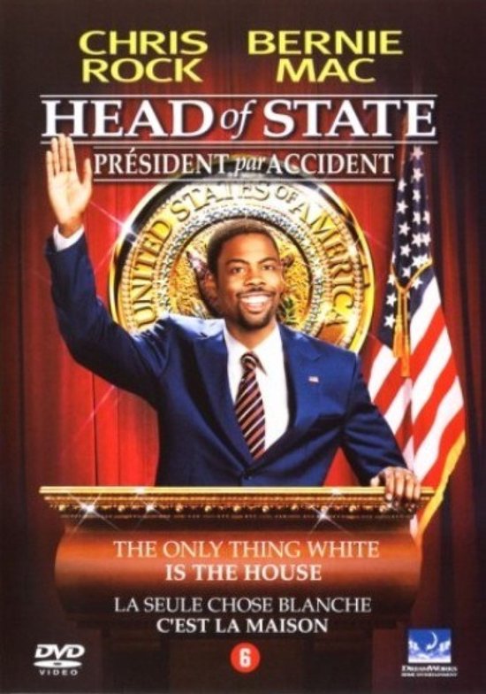 Chris Rock, President van Amerika, met de hand omhoog. Met "Head of State" en "Président par accident" op de poster.