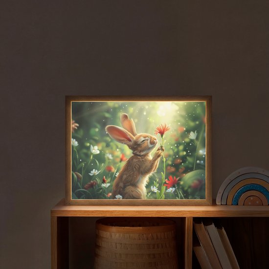 Nachtlampje 40x30 cm - Kinder lamp - Konijn - Dieren - Bloemen - Natuur - Tafellamp kinderkamer draadloos - Slaapkamer lampje - Bedlamp kinderen - Kinderlampje - Wandlamp babykamer - Nachtlampjes van OnlyWow — afbeelding 2