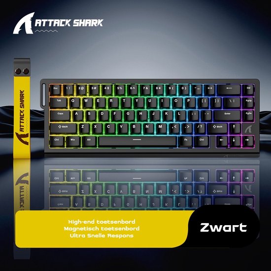Zwart Attack Shark X 68HE toetsenbord met RGB-verlichting en gele polsband met logo.