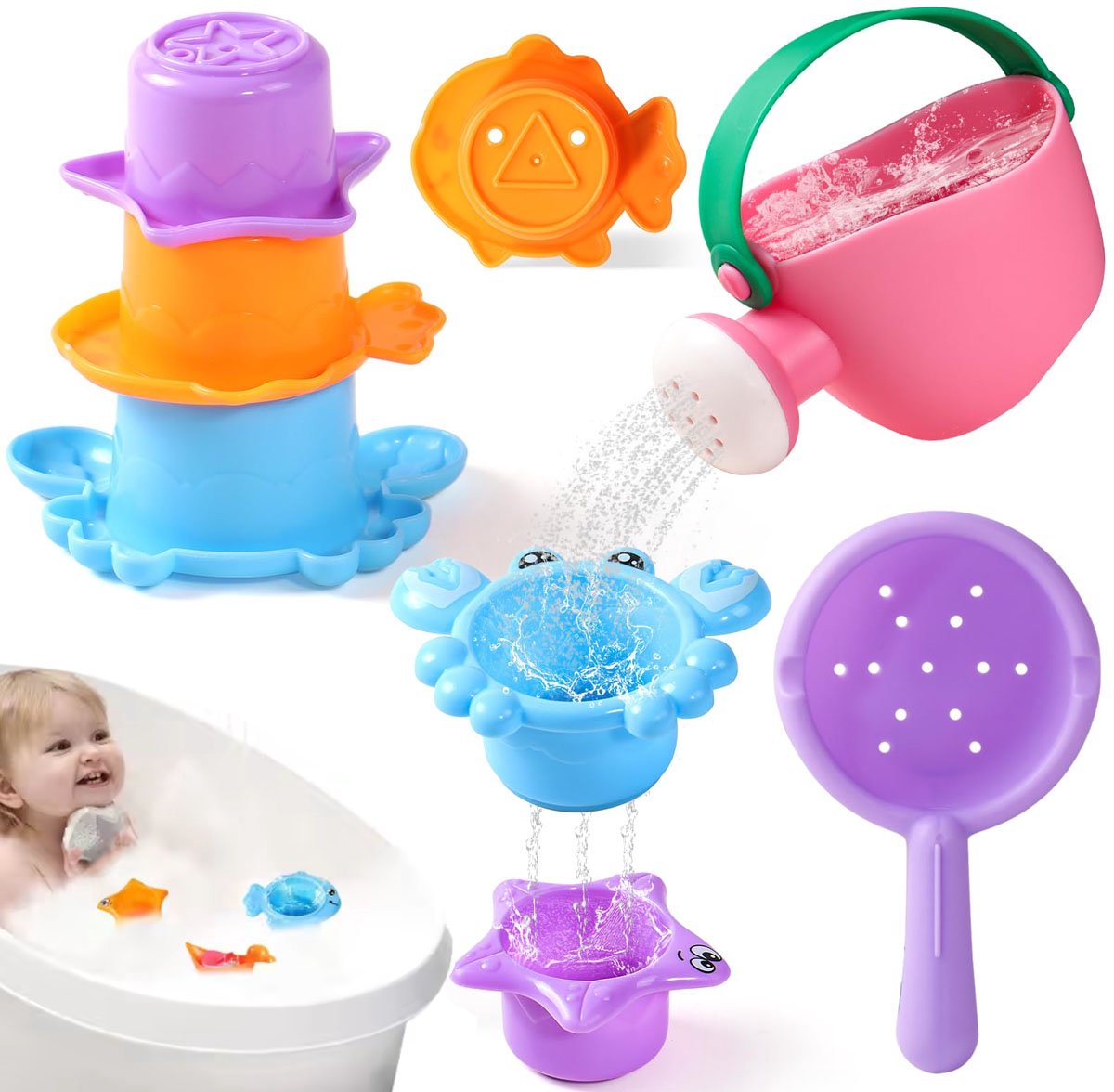 5 stuks badspeelgoed voor baby's van 1-3 jaar - Badspeelgoed voor peuters - Creatieve drijvende sensorische accessoires, educatieve spelletjes - Strandspeelgoed, babycadeaus, vroeg leren voor meisjes en jongens