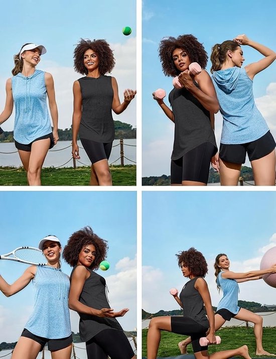 Twee vrouwen in sportkleding, een in lichtblauw en een in donkergrijs, buiten.