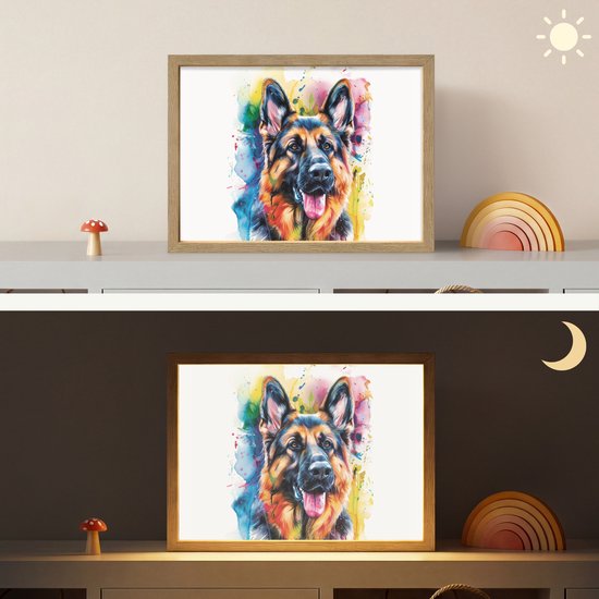 Nachtlampje 40x30 cm - Kinder lamp - Hond - Verf - Dieren - Kleurrijk - Duitse Herder - Tafellamp kinderkamer draadloos - Slaapkamer lampje - Bedlamp kinderen - Kinderlampje - Wandlamp babykamer - Nachtlampjes van OnlyWow — afbeelding 4