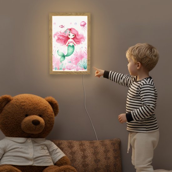 Nachtlampje 20x30 cm - Kinder lampje - Zeemeermin - Roze - Zeedieren - Onderwater - Tafellamp kinderkamer - Slaapkamer lamp - Bedlamp kinderen - Kinderlampje stopcontact - Wandlamp babykamer - Nachtlampjes van OnlyWow — afbeelding 5