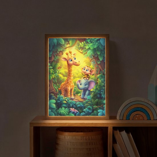 Nachtlampje 30x40 cm - Kinder lamp - Dieren - Jungle - Giraf - Olifant - Aapje - Tafellamp kinderkamer draadloos - Slaapkamer lampje - Bedlamp kinderen - Kinderlampje - Wandlamp babykamer - Nachtlampjes van OnlyWow — afbeelding 2