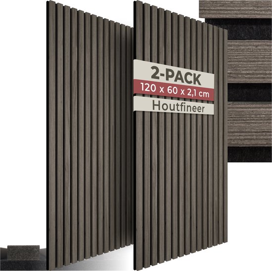 Twee donkergrijze lamellenpanelen met productinformatie: 2-PACK, 120 x 60 x 2,1 cm, Houtfineer.