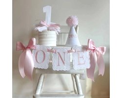1 stuk roze banner met strik voor de kinderstoel, geborduurde vlag voor het eerste feestje, slinger met strikjes, decoratie voor de feestlocatie, geborduurde 'Sweet One'-decoratie voor de eerste verjaardag van een babymeisje (roze)