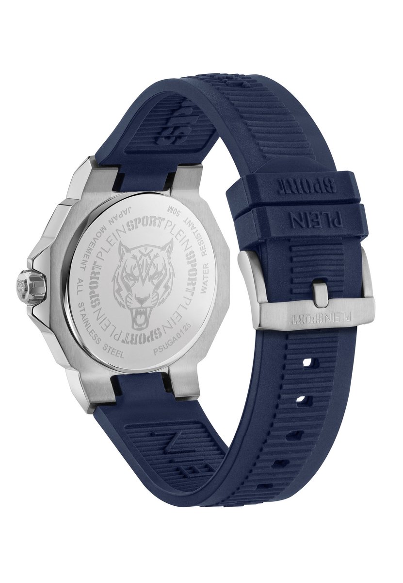 Plein Sport Titan 3H Quartz Analoog Horloge Blauw Kast: 100% Gerecycled Roestvrij Staal| Armband: Siliconen 44 mm PSUGA0126, PSUGA0326, PSUGA0426, PSUGA0526, PSUGA0626