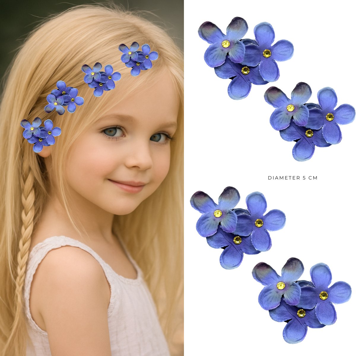4 x Tai Dai Flower Clicks - 5 cm - Blauw - Bloemen Haarclips Set - Festival & Meisjes - Valentijn - cadeautje - haarclip - haarschuifje - gala en bruiloft - haarmode - bloemetjes - moederdag - verjaardag - huwelijk - haarspeld - kinderen