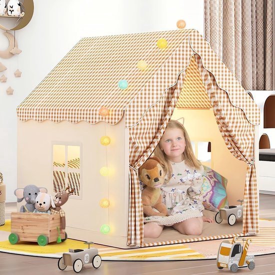 Kindertent speelhuis - Binnen en buiten speeltent met ramen, driehoekige structuur en stevig metalen frame - Kinder bedtent en speelhuis voor jongens en meisjes - Polyester doek - 105 × 120 × 128 cm - Beige — afbeelding 3