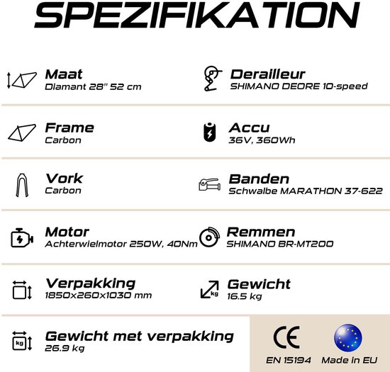Rex Carbon City Elektrische Fiets - 28 inch elektrische fiets unisex- stadsfiets - Achtermotor 250W - SHIMANO 11 Versnellingen - voor dames en heren van Merkloos — afbeelding 5
