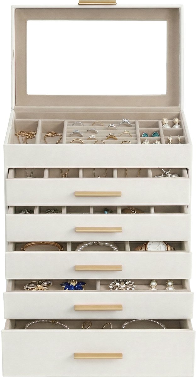 SONGMICS - Sieradendoos - Juwelendoos - Met 6 Lagen - 5 Lades - Glazen Deksel - Voor Grote Sieraden