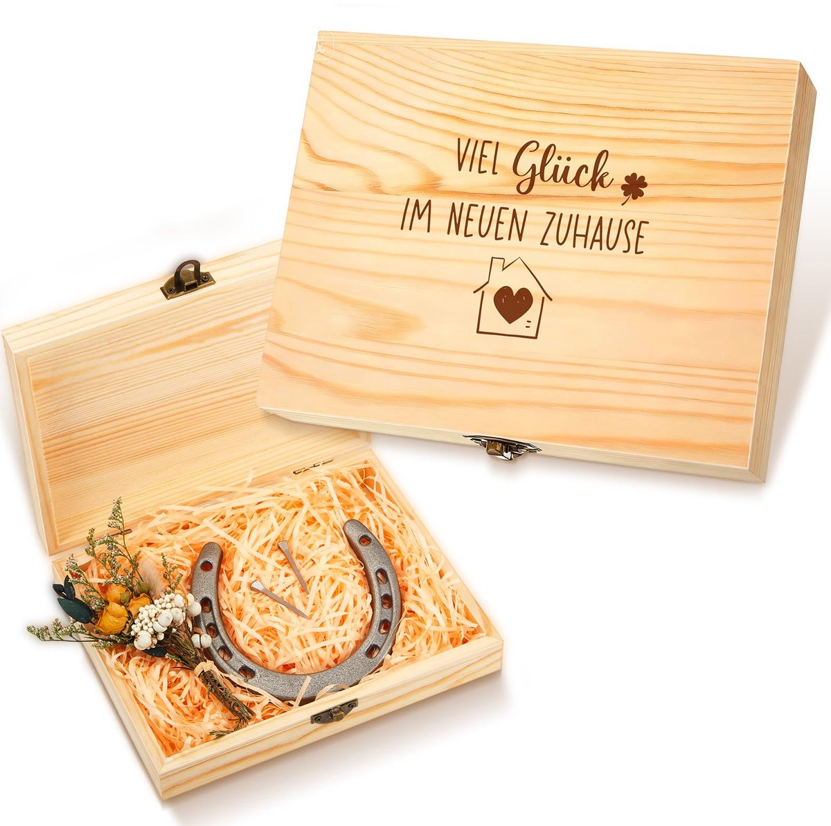 Hoefijzer Geluksbrenger - Elegante Geschenkset - Met Houten Kist en Droogbloemen