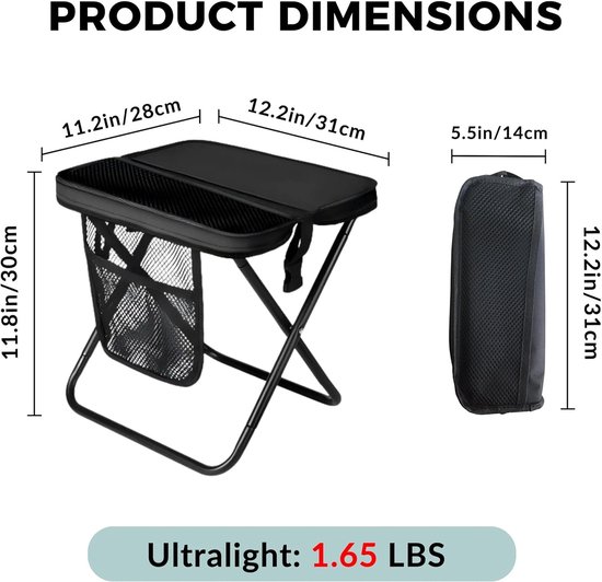 Draagbare opvouwbare kruk - Klapstoel met opbergvak - omvormbaar tot schoudertas voor handsfree dragen & belastbaar tot 120 kg - ultralicht voor wandelen, vissen, kamperen en festivals - Zwart van Merkloos — afbeelding 2