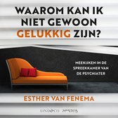 Boekomslag met tekst "Waarom kan ik niet gewoon gelukkig zijn?", een oranje bank met kussens, en "Esther van Fenema".