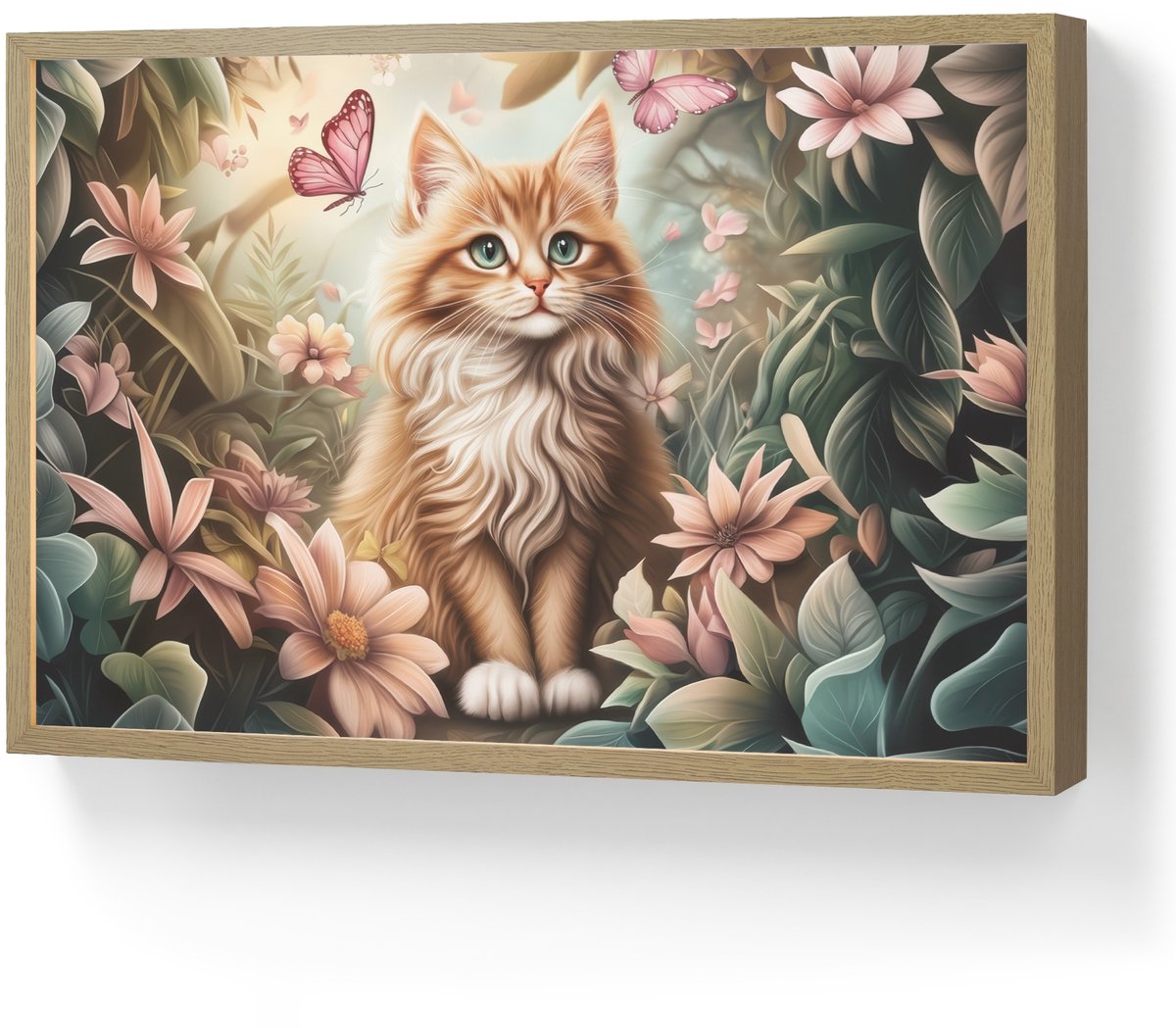 Wandlamp 60x40 cm - Oplaadbaar - Kat - Bloemen - Vlinders - Roze - Wandlampen binnen woonk