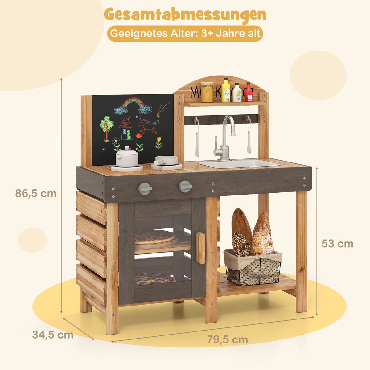 COSTWAY Modderkeuken voor kinderen, outdoor, kinderkeuken, hout met tafel, fornuizen en gootsteen, speelkeuken met kraan en oven, outdoorkeuken incl. accessoires voor kinderen vanaf 3 jaar — afbeelding 9