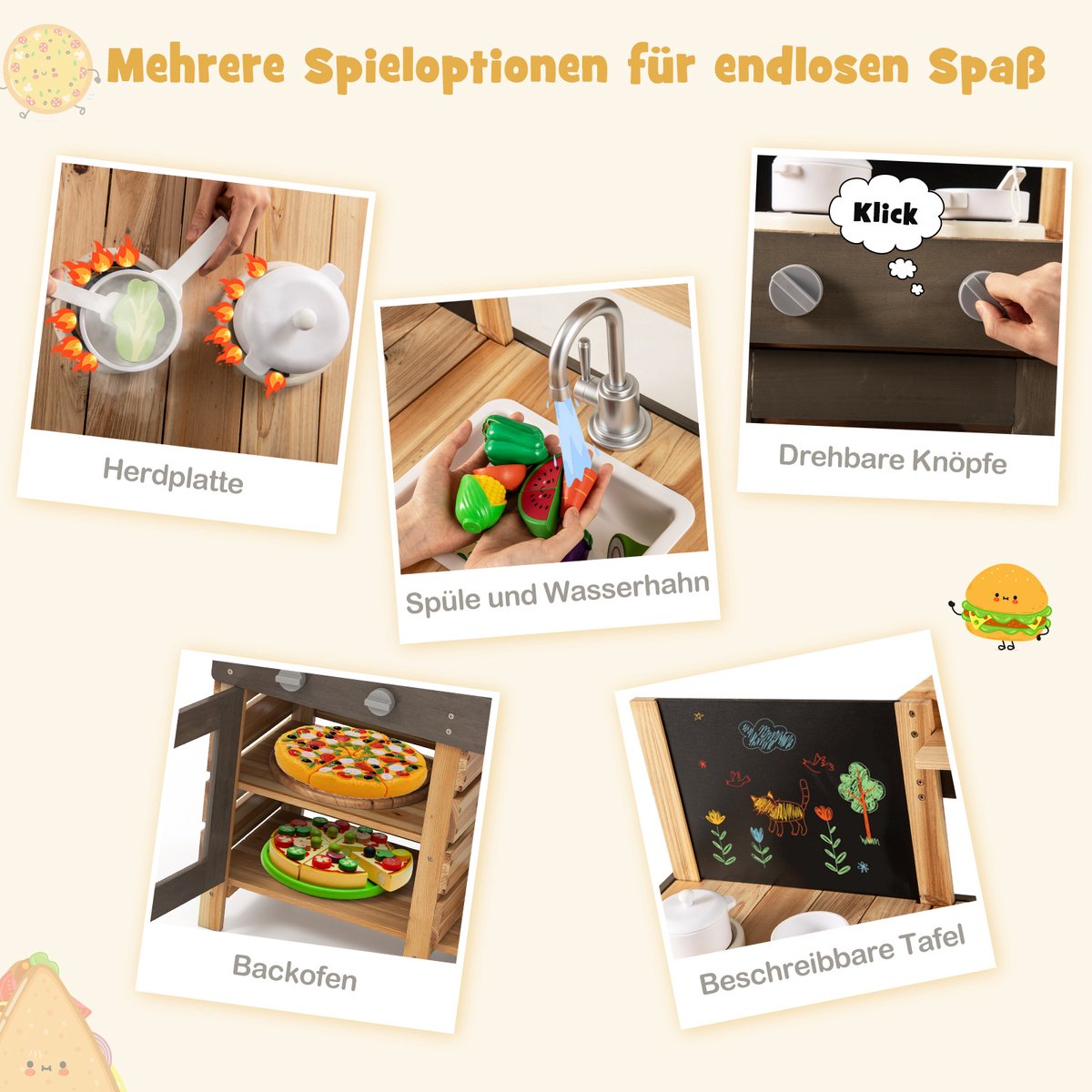 COSTWAY Modderkeuken voor kinderen, outdoor, kinderkeuken, hout met tafel, fornuizen en gootsteen, speelkeuken met kraan en oven, outdoorkeuken incl. accessoires voor kinderen vanaf 3 jaar — afbeelding 2