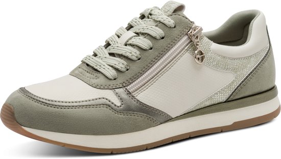 Zijzicht van een groene en witte Tamaris sneaker met veter en ritssluiting.