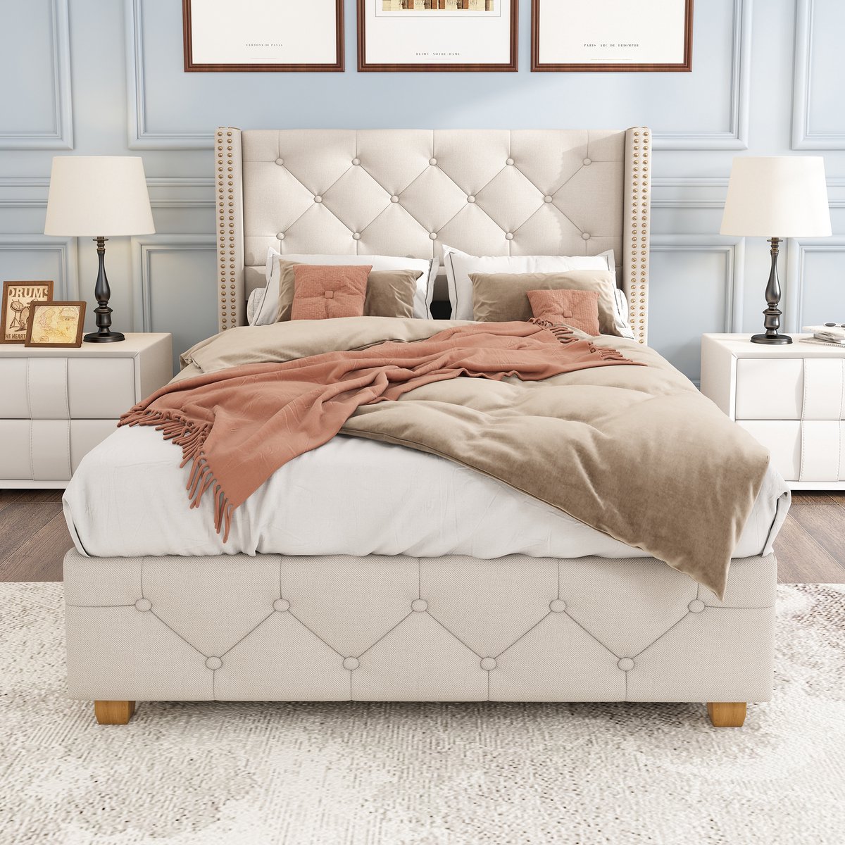 Merax Gestoffeerd Bed 90x200 cm met Linnen Bekleding – Knopenpatroon - Nietenafwerking - Houten Poten en Lattenbodem – Beige