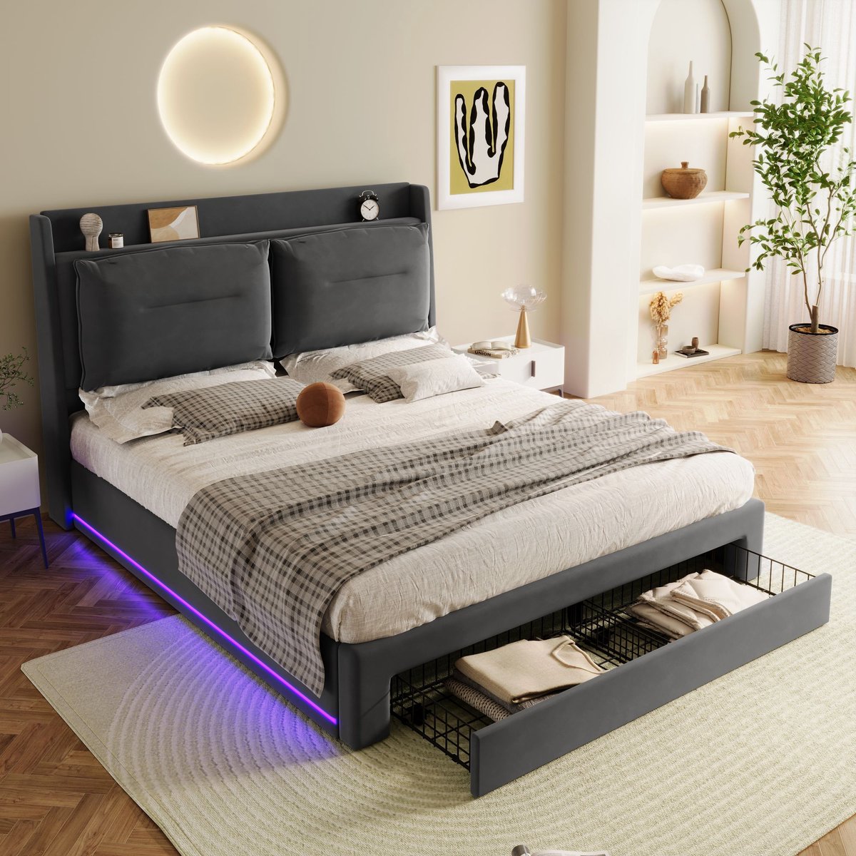 140x190 cm gestoffeerd bed - met LED-licht en lade - bedbodemframe - zonder matras - grijs