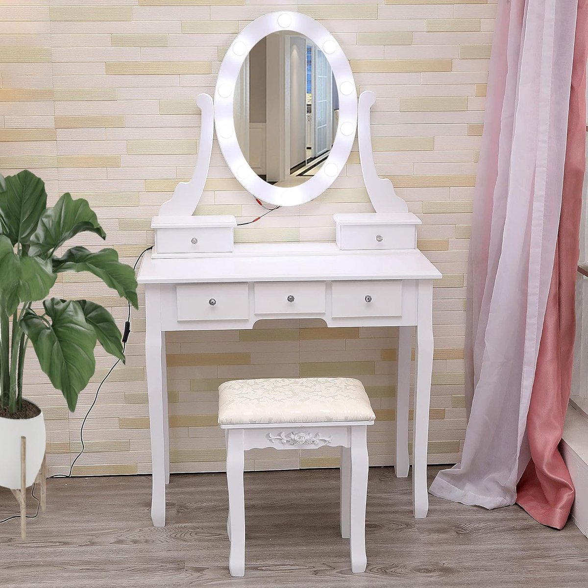 Coiffeuse met Spiegel en Verstelbare LED‑verlichting - Kaptafel met 5 Lades en Krukje, 2‑in‑1 Make‑uptafel/Bureau