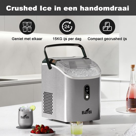 Zilverkleurige Bardi ijsblokjesmachine met 15kg ijs per dag capaciteit en compacte gecrushte ijs functie.