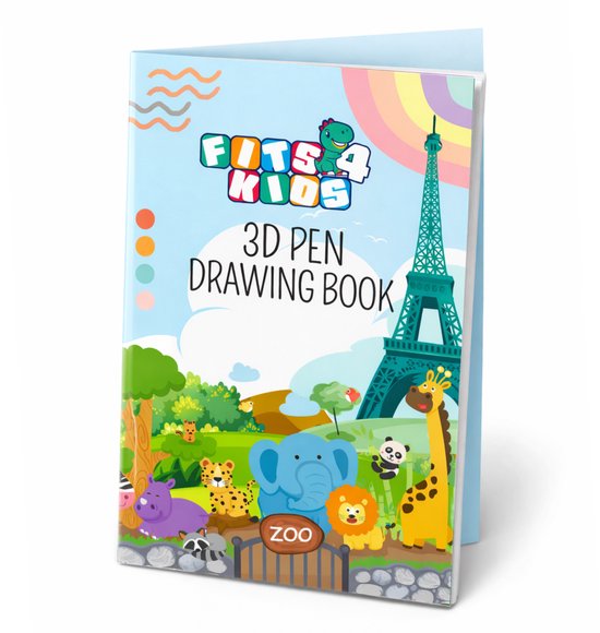 Boek met een blauwe omslag getiteld 'FITS4 KIDS 3D PEN DRAWING BOOK' met tekeningen van dieren, de Eiffeltoren en een regenboog.