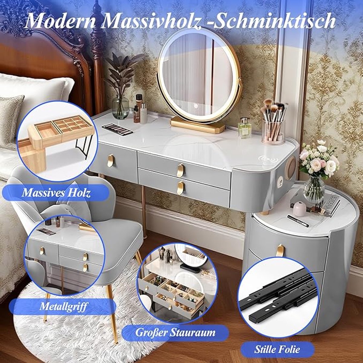 Make-uptafel met spiegel 100 x 40 x 76 cm – Moderne kaptafel met glazen blad, 3 laden, kruk, dimbare LED-verlichting & Bluetooth-luidspreker – Pauwhome