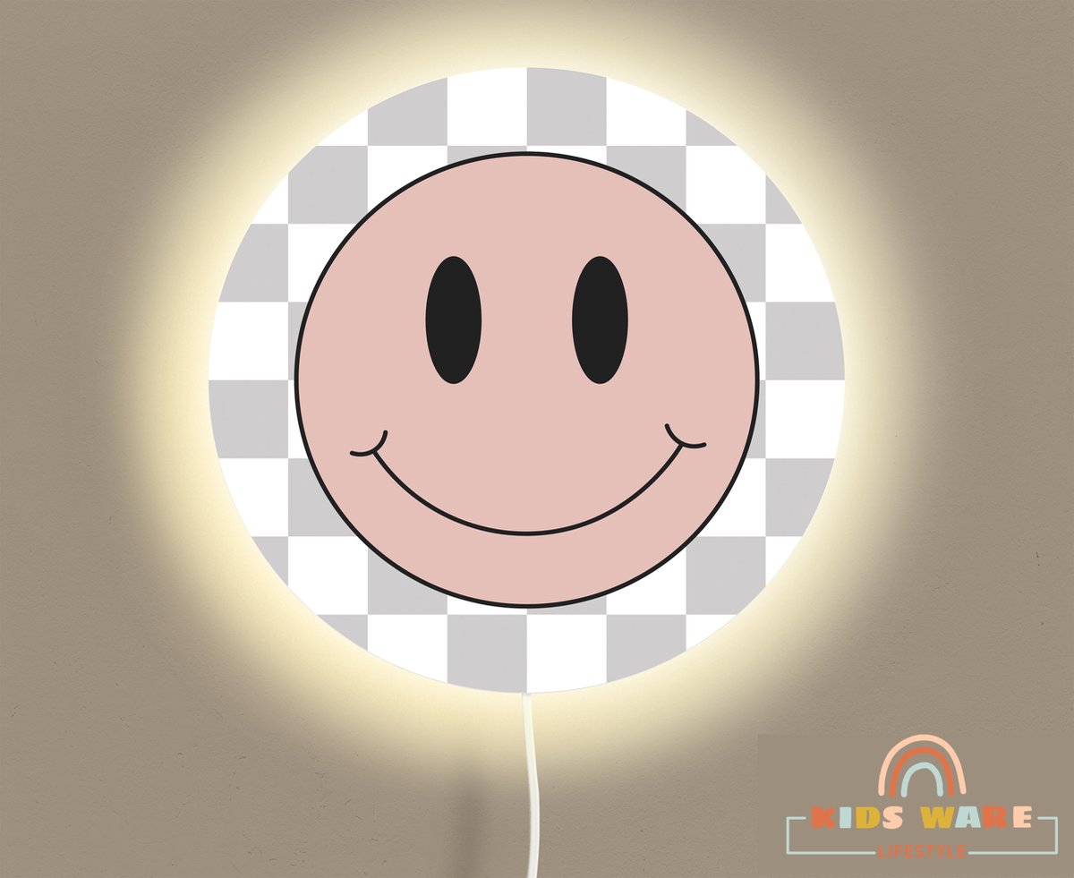Wandlamp Rond - Smiley- Kinderkamer verlichting - Festival Pink - ø 40 cm Wandlamp - Verlichting - Retro Smiley Thema - Kinderkamer wandlamp - Babykamer wandlamp