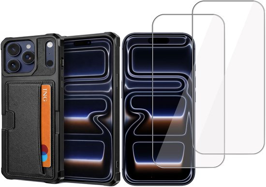 Zwart telefoonhoesje met kaarthouder en twee glazen screenprotectors.