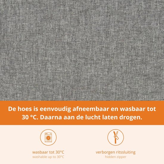 Textuur van lichtgrijs, geweven stof met het opschrift 'verborgen ritssluiting' en 'wasbaar tot 30°C'.