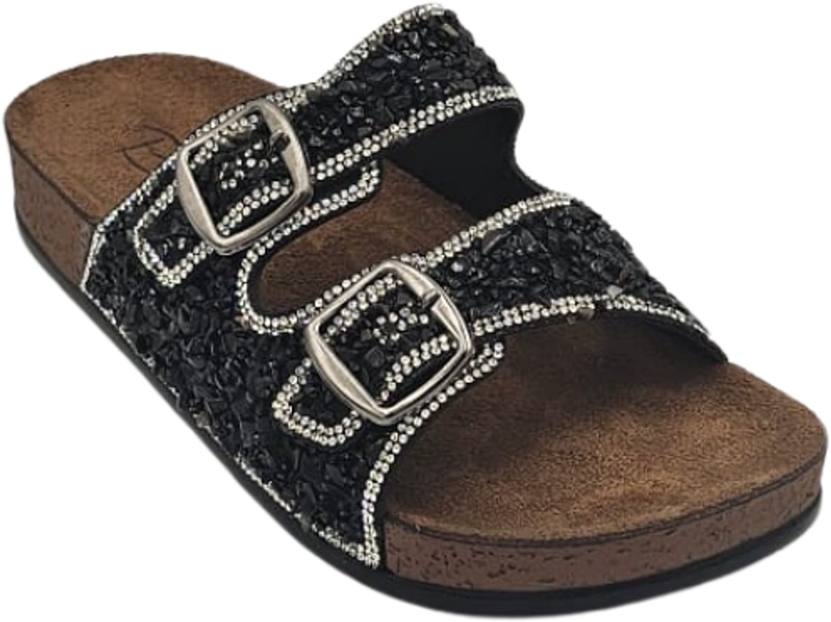 Berussa-Pienn Luxury-Dames Sloffen- Dames Slippers - Luxe Glinsterende Stenen - Dubbele Gesp - Anatomisch Voetbed -Zachte zool- Maat 36-40 - Handgemaakt in Turkije
