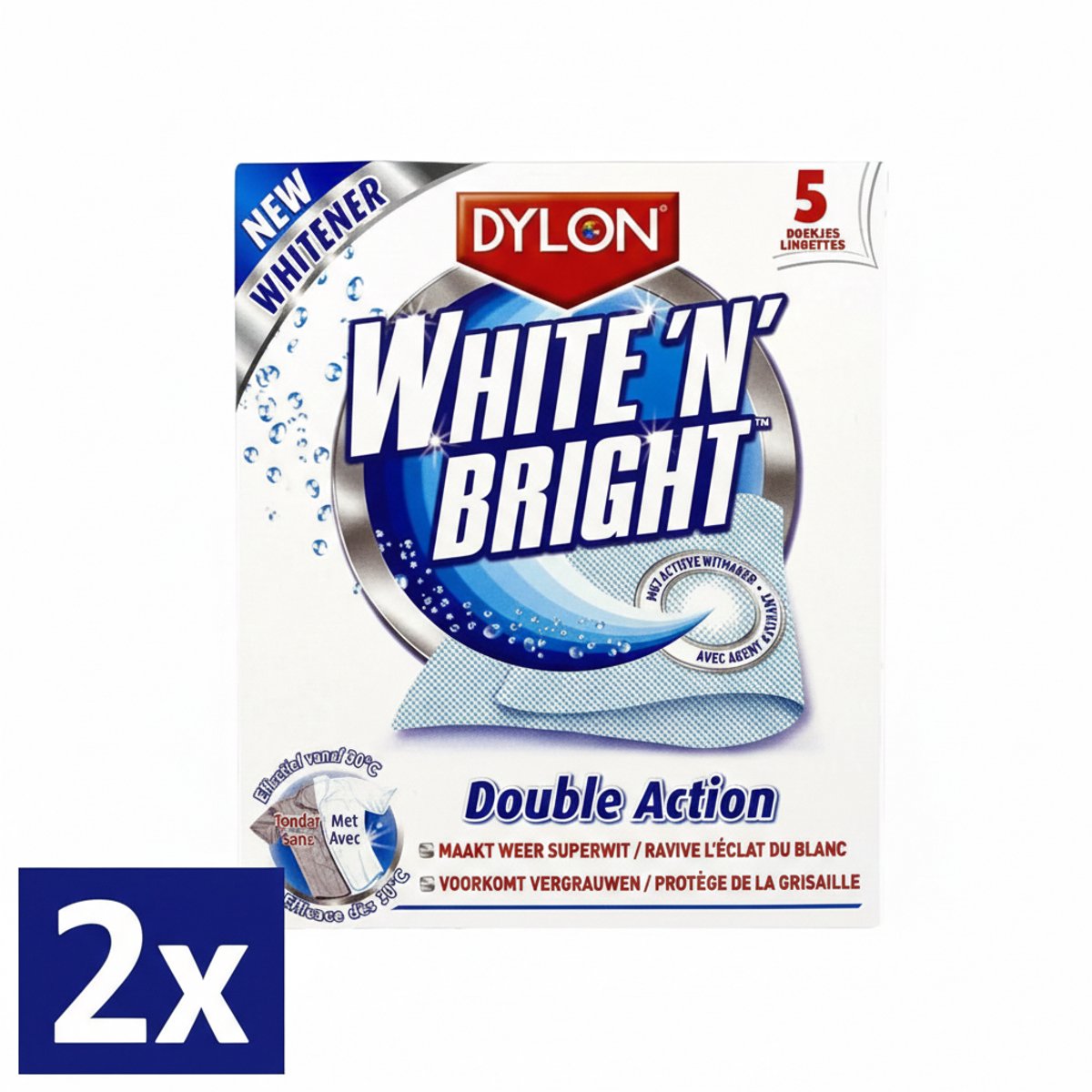 2 x Dylon White & Bright Vlekverwijderaar – Superwit & Vlekkeloos Wasgoed – Verwijdert Vlekken & Grauwe Waas – 5 Doekjes Voordeelverpakking