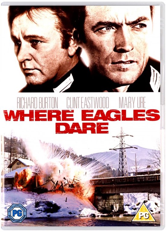 DVD-hoes met Richard Burton en Clint Eastwood. Een explosie in een gebouw in de sneeuw.