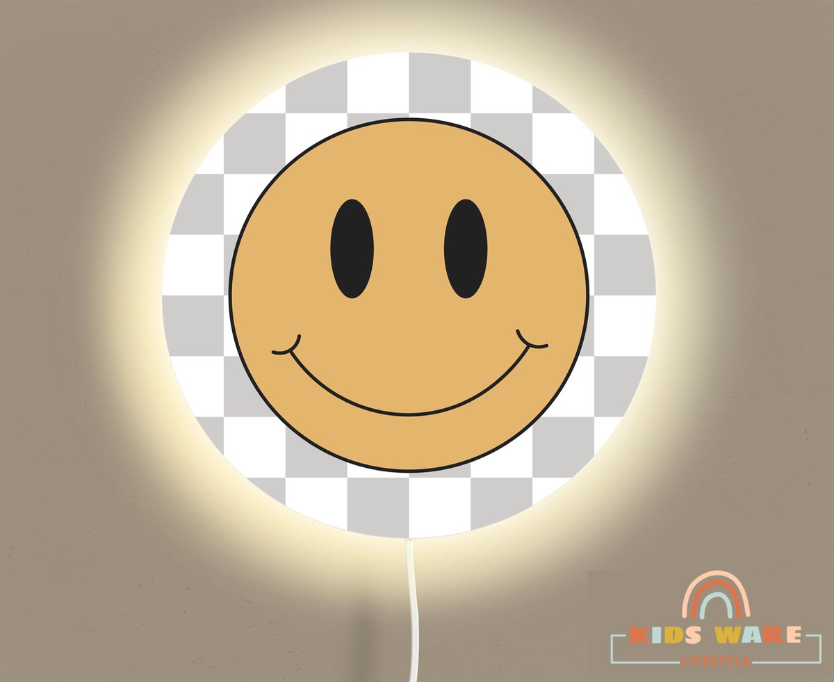 Wandlamp Rond - Smiley- Kinderkamer verlichting - Mustard - ø 30 cm Wandlamp - Verlichting - Retro Smiley Thema - Kinderkamer wandlamp - Babykamer wandlamp