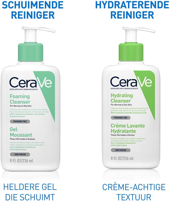 Naast elkaar CeraVe Schuimende Reiniger en Hydraterende Reiniger, beide 236ml pompflacons.