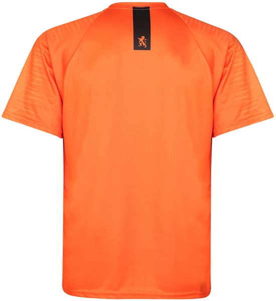 Arrière d'un maillot de football orange avec une bande verticale noire arborant un logo de lion.