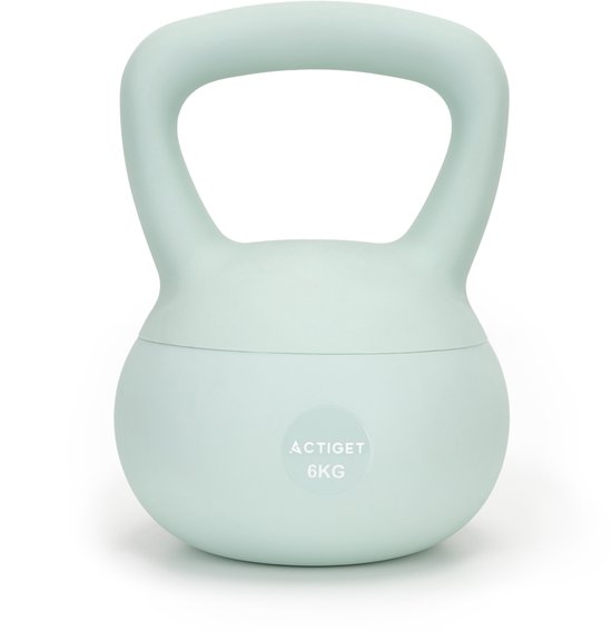 Turquoisekleurige kettlebell van 6kg met een zacht handvat.