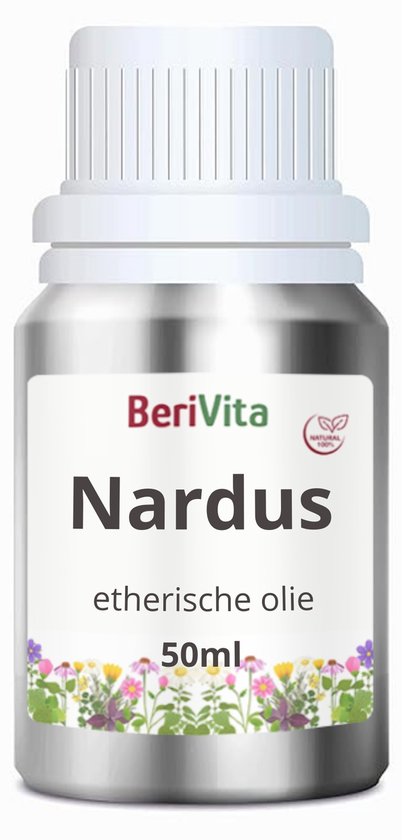 Een zilverkleurige fles met BeriVita Nardus etherische olie 50ml, versierd met bloemen.