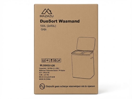 Panier à linge MAZAZU avec 2 compartiments - 100 litres - Trieur de linge avec couvercle - Poches de linge amovibles - Gris clair - Boîte de rangement pliable pour salle de bains et chambre à coucher - 56 × 40 × 67 cm