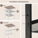 Illustratie toont hoe de roosterplanken van de bijzettafel plat of schuin geplaatst kunnen worden met een inbussleutel.