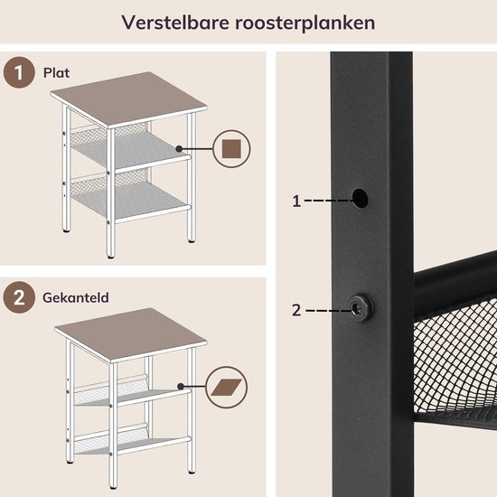 Illustratie toont hoe de roosterplanken van de bijzettafel plat of schuin geplaatst kunnen worden met een inbussleutel.