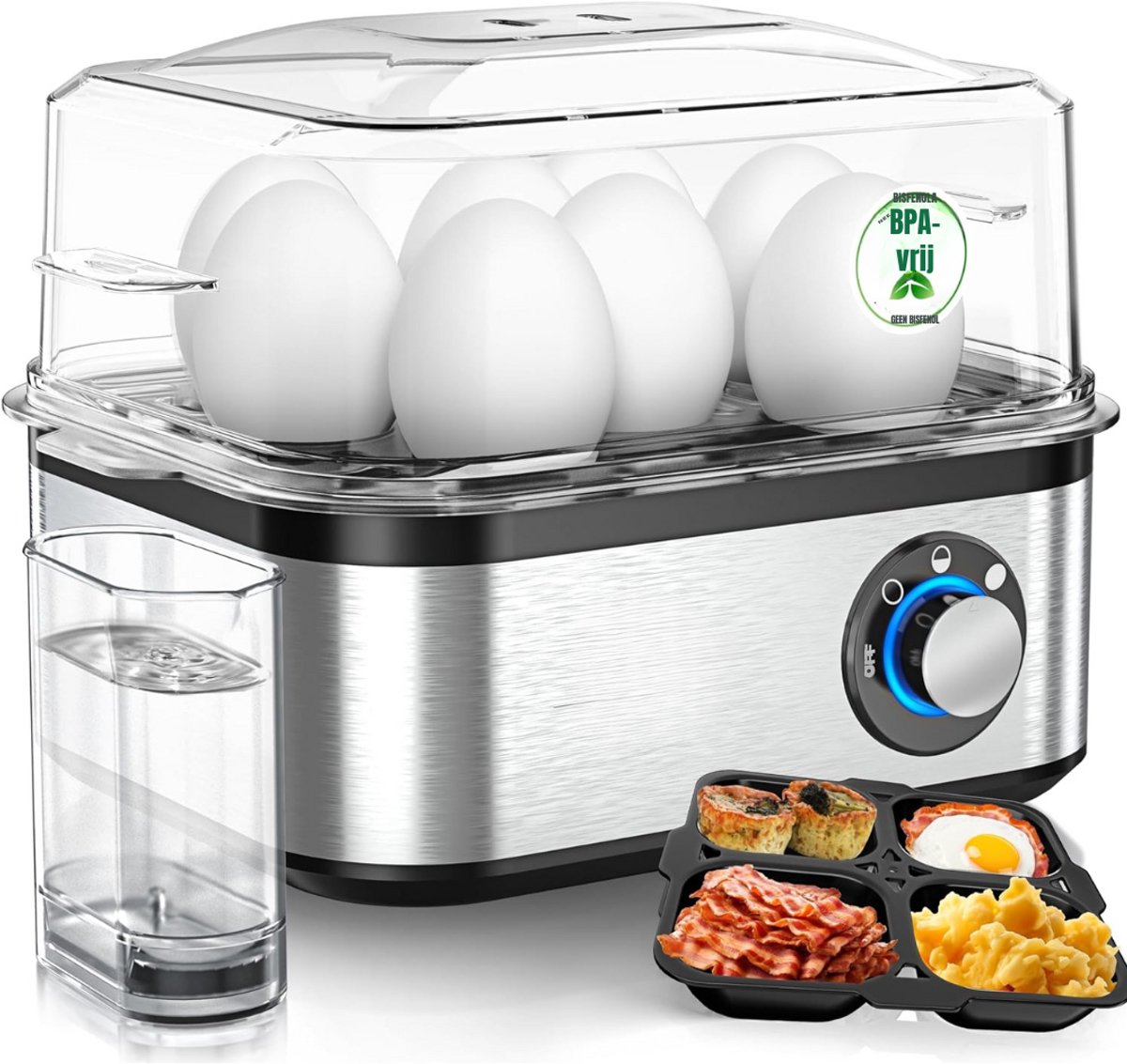 Quvo Eierkoker electrisch Eierkoker met timer Zwart Zilver ‎21cm x 17cm x 15cm