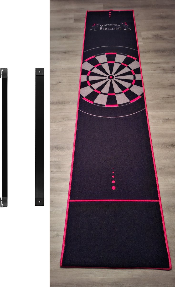 D/K Dartmat zwart - rood met Dartbord print 280 x 60 cm incl. verstelbare OCHE