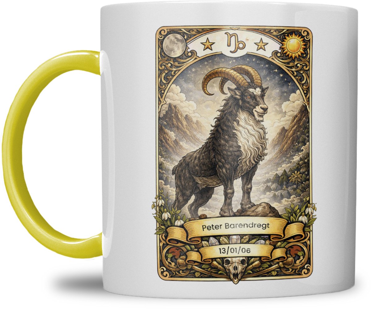 Sterrenbeeld mok - Steenbok - Geel - Tarot mok - Gepersonaliseerd met naam en datum
