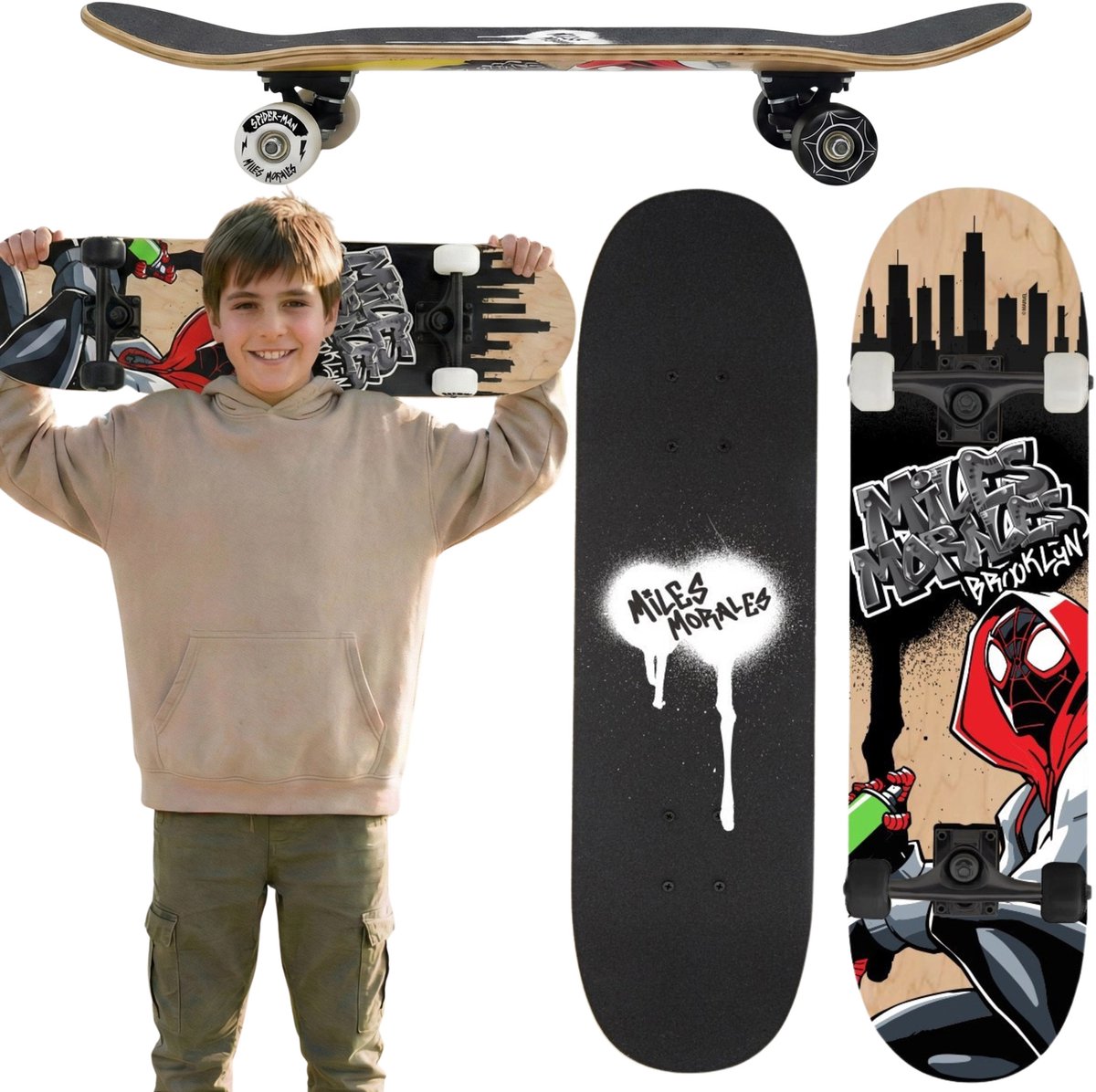 Spider-Man Miles Morales Houten skateboard voor jongeren groot 79 cm antislipboard stabiel tot 100 kg Veelkleurig Spider-heren
