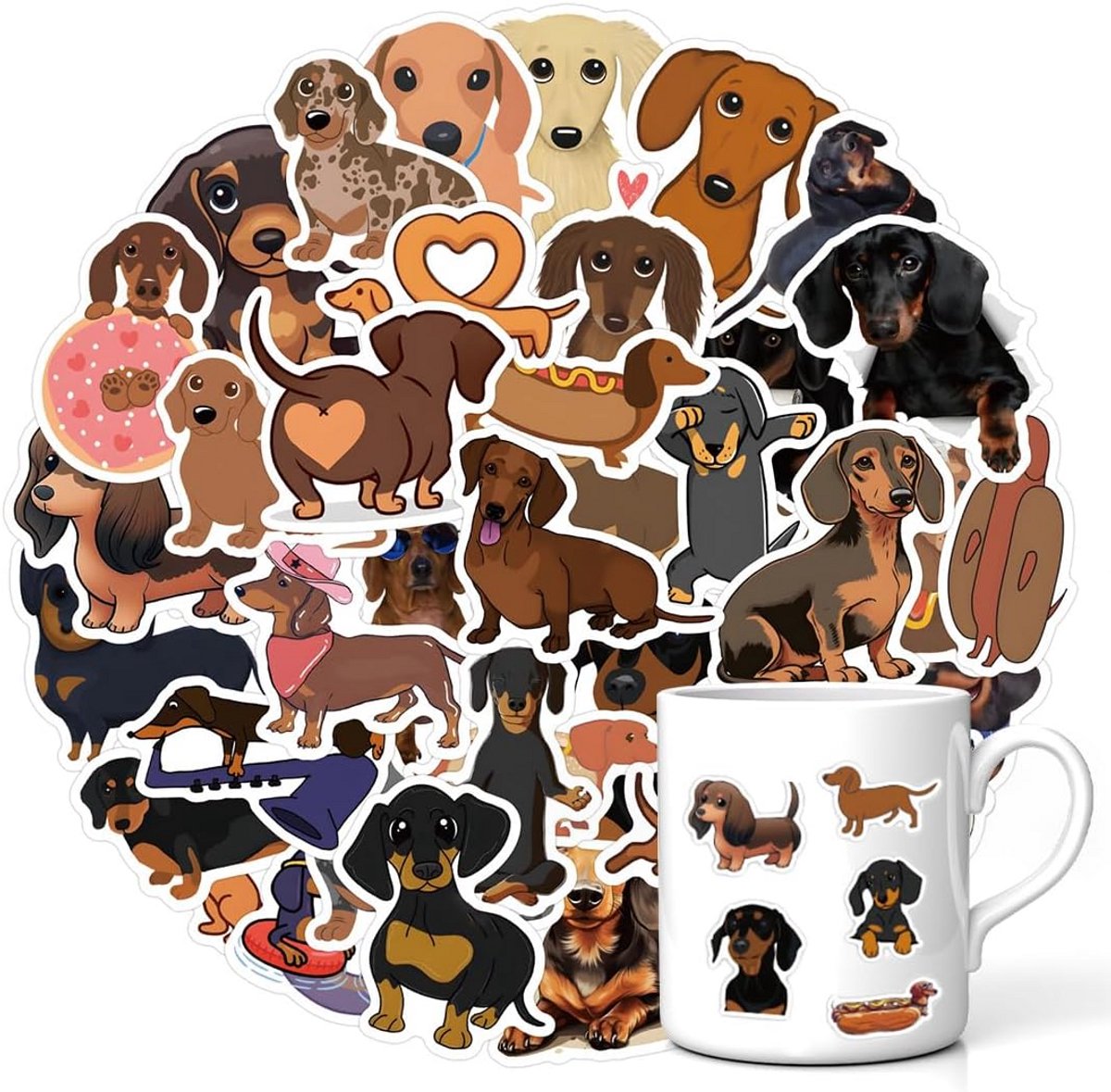 60 Stuks Waterdichte Teckel Stickers Set voor Flessen en Laptops