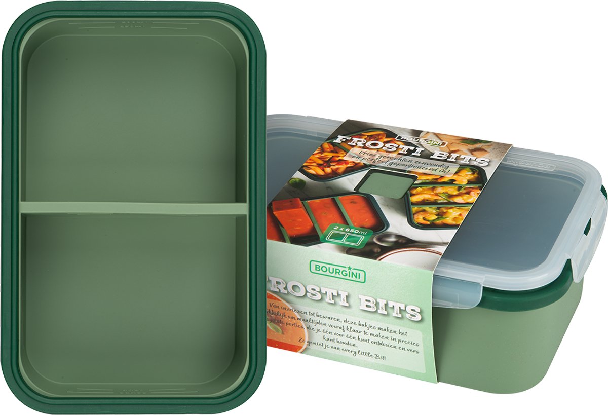 Bourgini Frosti Bits – Diepvriesbakjes set – 2 Siliconen Meal Prep Bakjes – 2 Vakken per Bakje (2 x 650ml) – Voordeelset – Lekvrij – BPA-vrij